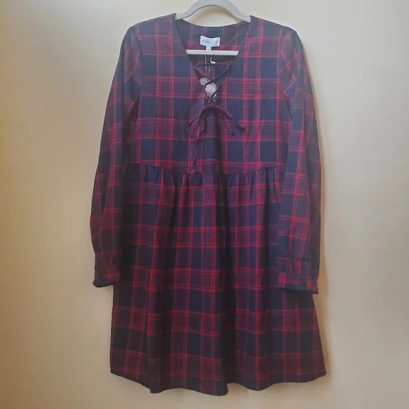 NWT S Apricot Plaid Flannel Swing Dress - Picture 2 of 8